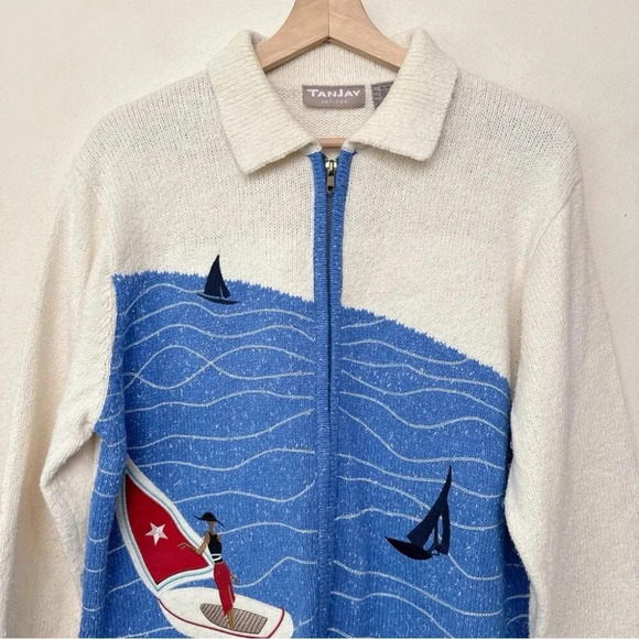 TANJAY Womens Medium Petite Sailboat Vintage Nautical Lady Embroidered Cardigan - Picture 5 of 16
